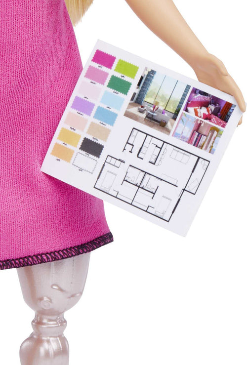 Barbie Interior Designer Doll, Blonde, Pink Dress & Houndstooth Jacket, Prosthetic Leg, Tablet & Design Sheet