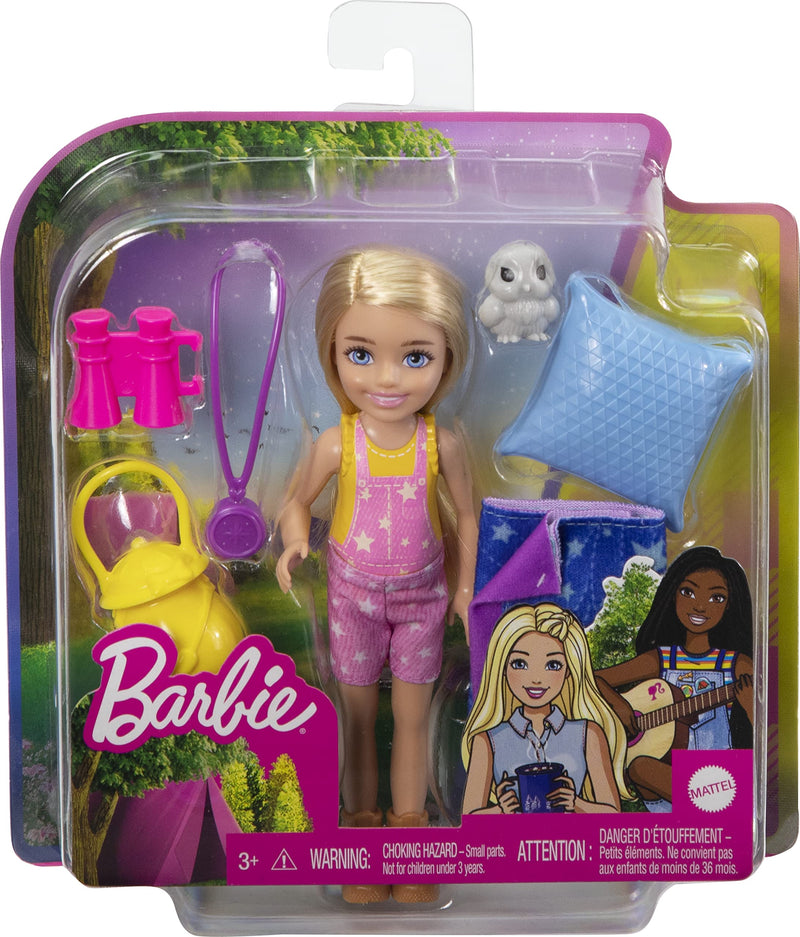 Barbie It Takes Two Camping Playset with Chelsea Doll (6 in, Blonde), Pet Owl, Sleeping Bag, Binoculars & Camping Accessories