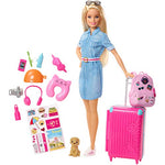 Barbie Travel Doll Blonde with Puppy, Suitcase, Stickers and 10+ Accessories