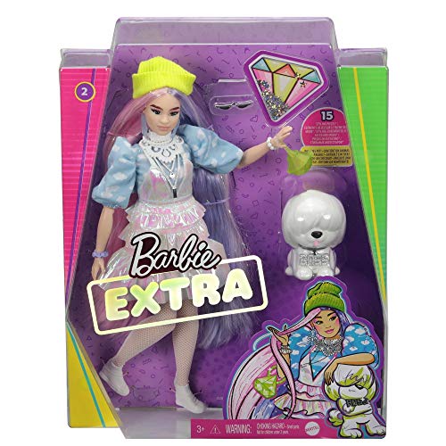 Barbie Extra Doll in Shimmery Look with Pet Puppy, Pink and Purple Hair