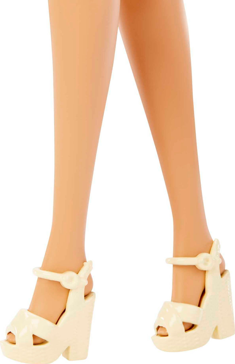 Barbie Fashionistas Doll, Long Wavy Brunette Hair, Headband, Orange Floral Print Dress with Ruffle Details & Heels