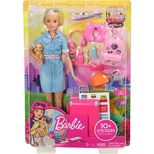 Barbie Travel Doll Blonde with Puppy, Suitcase, Stickers and 10+ Accessories