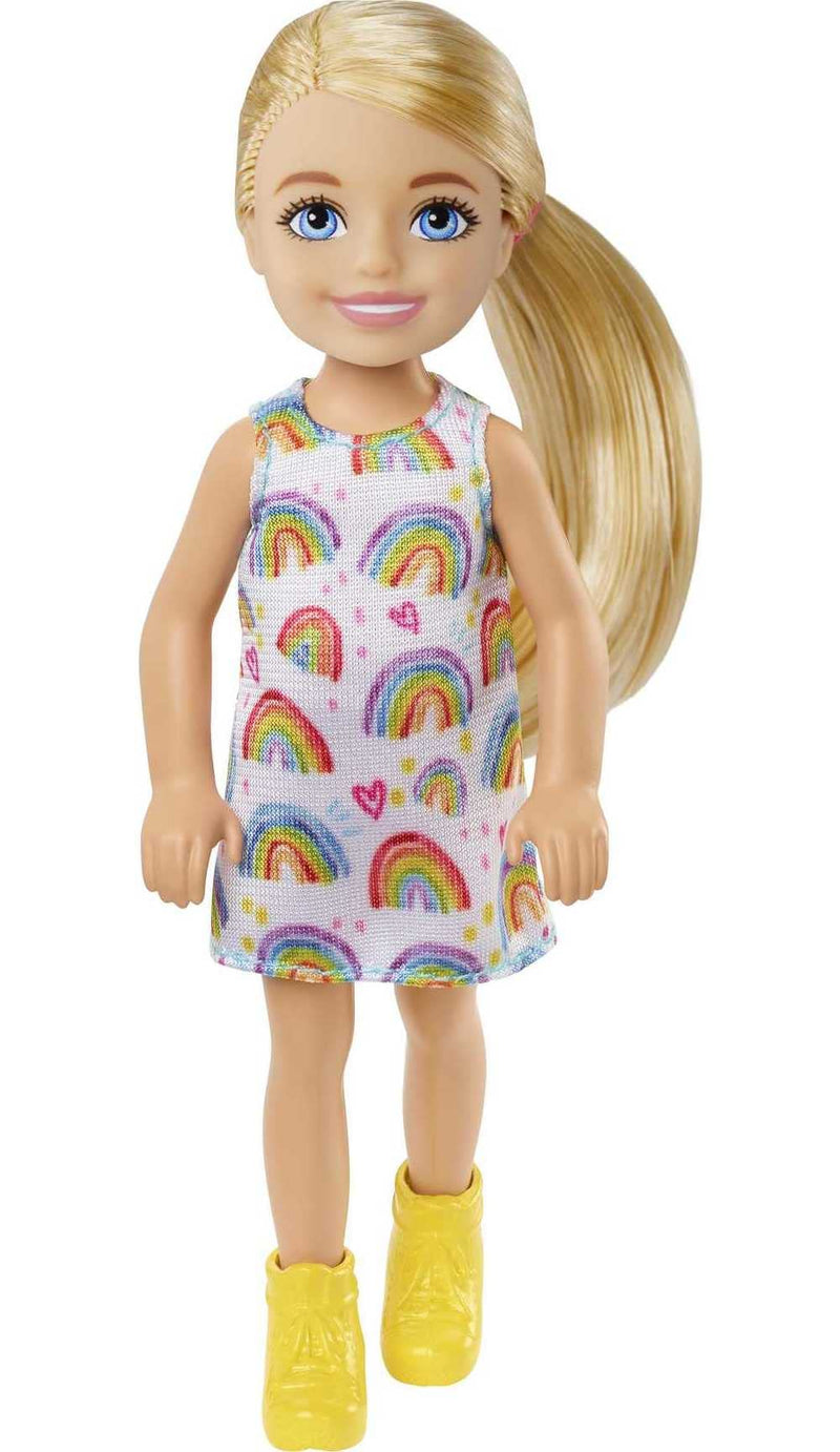 Barbie Chelsea Doll (Blonde) Wearing Rainbow-Print Dress and Yellow Shoes