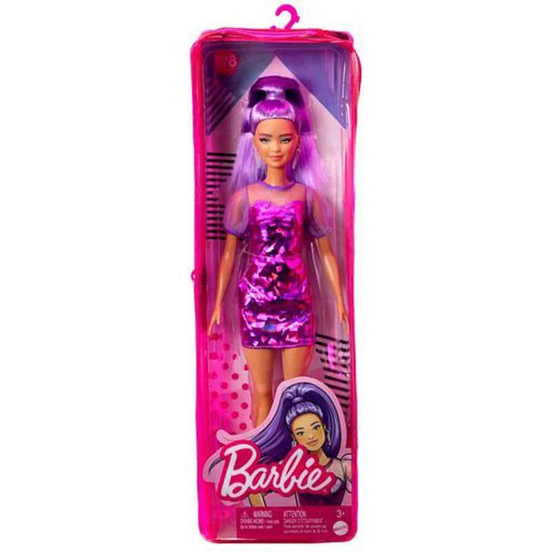 Barbie Fashionistas Doll, Petite, Long Purple Hair & Purple Metallic Dress, Sheer Bodice & Sleeves, Purple Sneakers