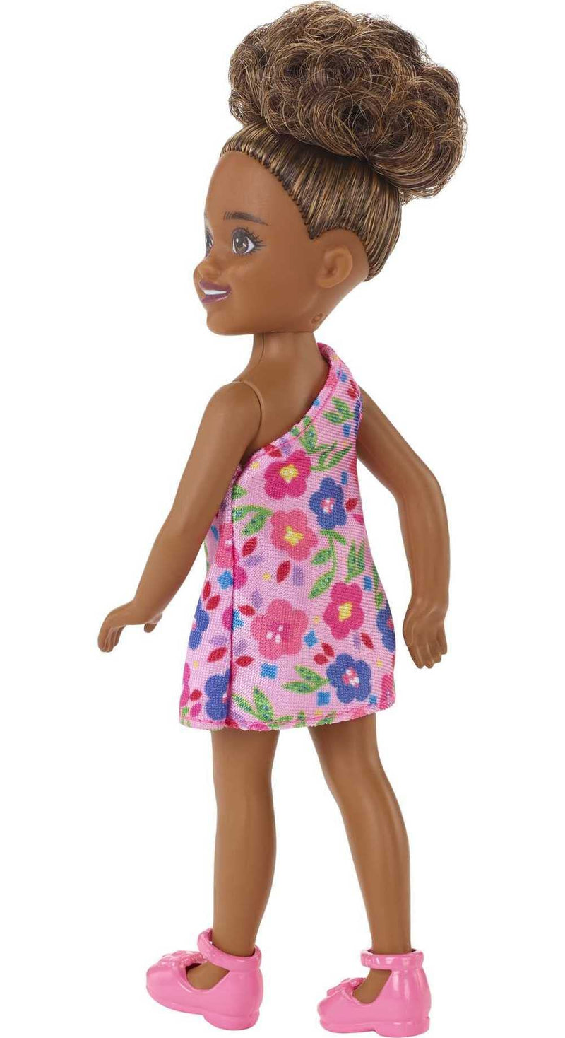 Barbie Chelsea Doll (Brunette Curly Hair) Wearing One-Shoulder Flower-Print Dress and Pink Shoes,