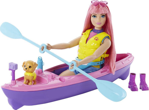 Barbie It Takes Two Camping Playset with Daisy Doll (Curvy with Pink Hair, 11.5 in), Pet Puppy, Kayak & Camping Accessories