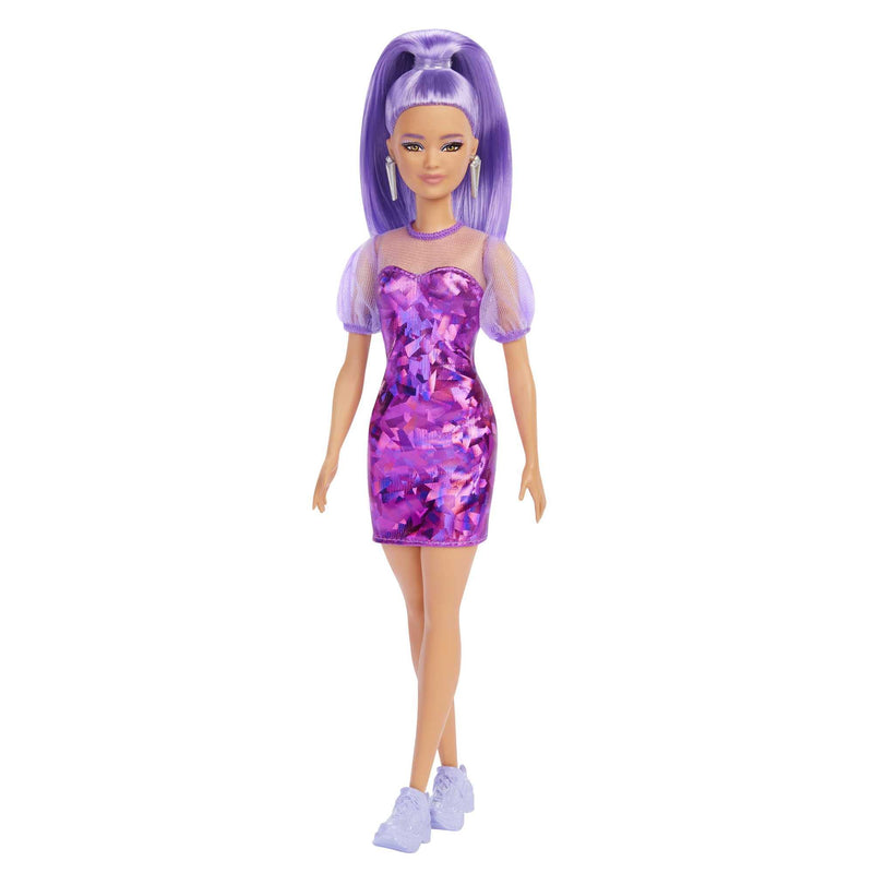 Barbie Fashionistas Doll, Petite, Long Purple Hair & Purple Metallic Dress, Sheer Bodice & Sleeves, Purple Sneakers