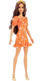 Barbie Fashionistas Doll, Long Wavy Brunette Hair, Headband, Orange Floral Print Dress with Ruffle Details & Heels
