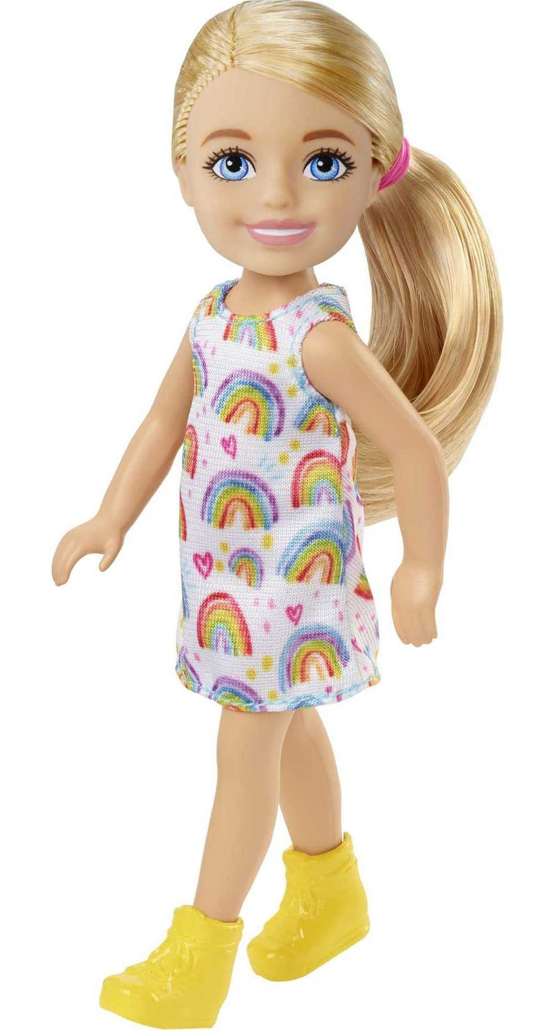 Barbie Chelsea Doll (Blonde) Wearing Rainbow-Print Dress and Yellow Shoes