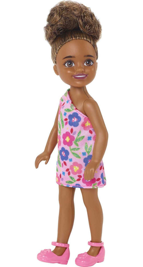 Barbie Chelsea Doll (Brunette Curly Hair) Wearing One-Shoulder Flower-Print Dress and Pink Shoes,