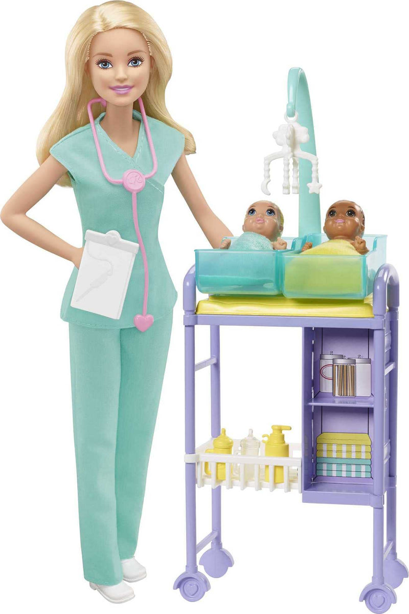 Barbie Baby Doctor Playset with Blonde Doll, 2 Infant Dolls, Exam Table and Accessories, Stethoscope, Chart and Mobile