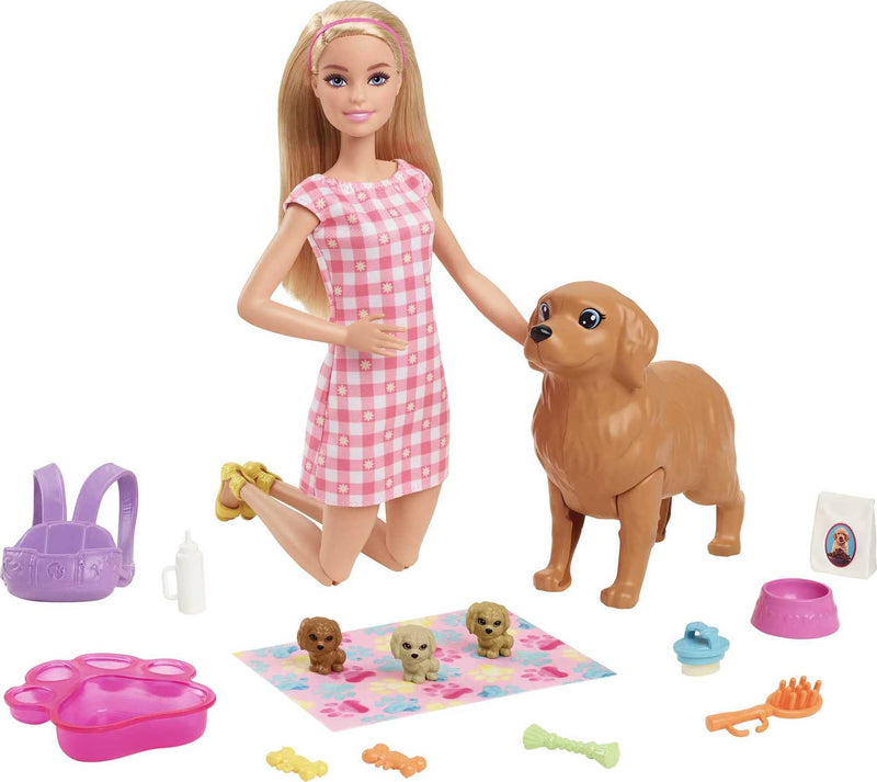 Barbie Doll and Accessories Newborn Pups Playset with Blonde Doll, Mommy Dog