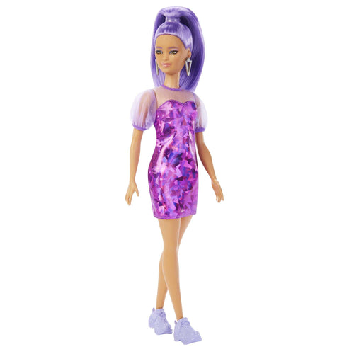 Barbie Fashionistas Doll, Petite, Long Purple Hair & Purple Metallic Dress, Sheer Bodice & Sleeves, Purple Sneakers