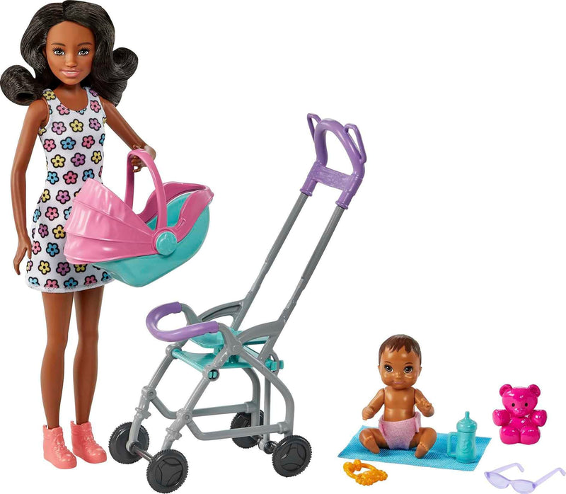 Barbie Skipper Babysitters Inc. Playset with Babysitter Doll (Curly Brunette Hair), Stroller, Baby Doll & 5 Accessories