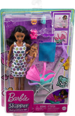 Barbie Skipper Babysitters Inc. Playset with Babysitter Doll (Curly Brunette Hair), Stroller, Baby Doll & 5 Accessories