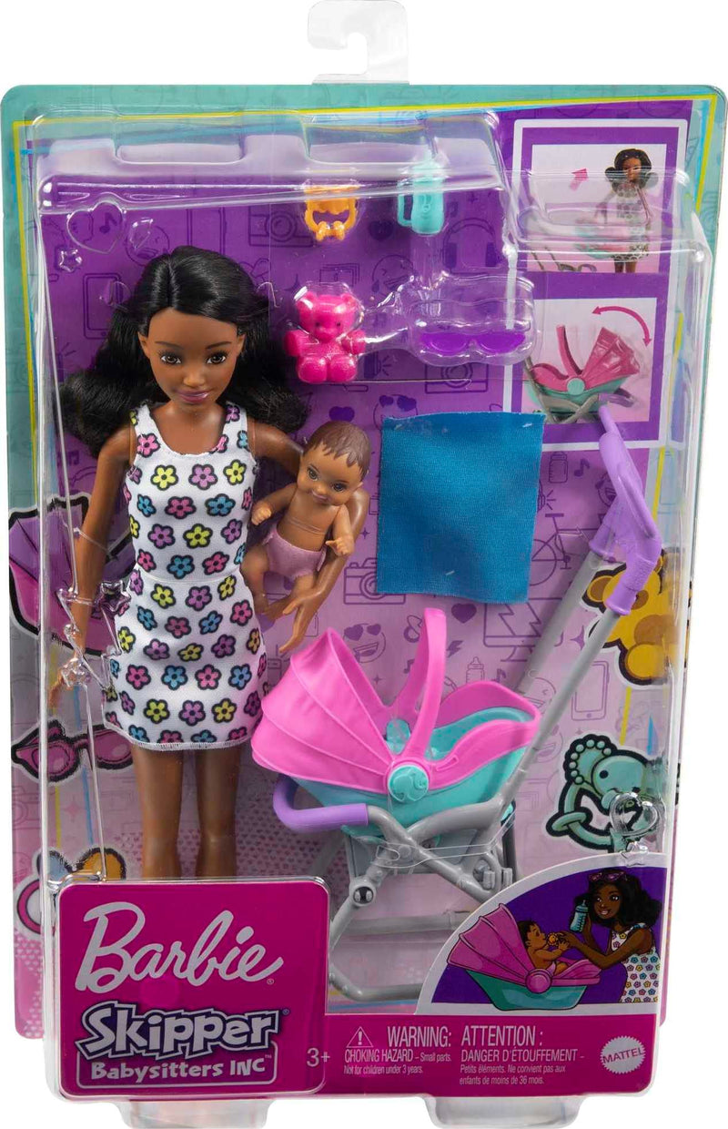 Barbie Skipper Babysitters Inc. Playset with Babysitter Doll (Curly Brunette Hair), Stroller, Baby Doll & 5 Accessories