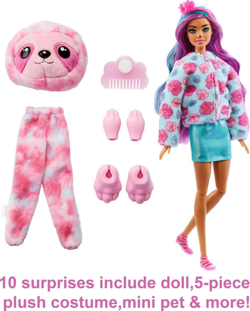 Barbie Doll, Cutie Reveal Sloth Plush Costume Doll with 10 Surprises, Mini Pet, Color Change and Accessories