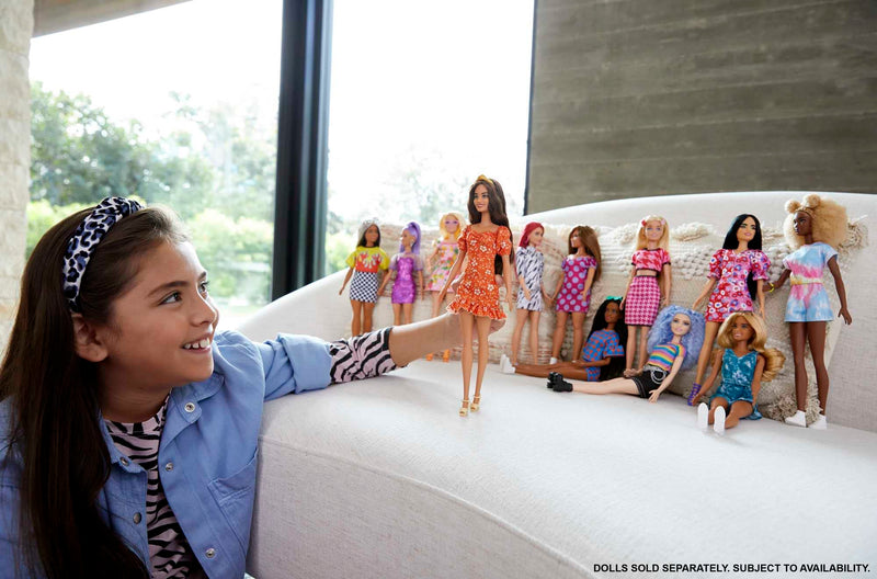 Barbie Fashionistas Doll, Long Wavy Brunette Hair, Headband, Orange Floral Print Dress with Ruffle Details & Heels