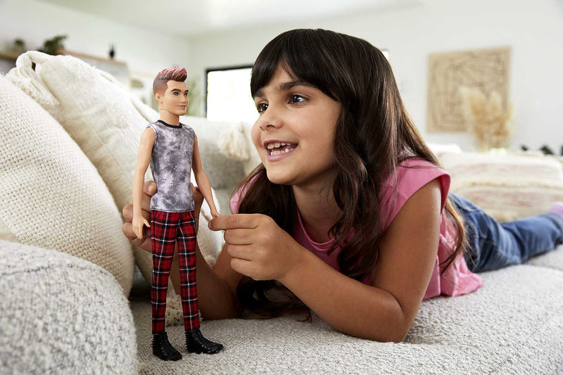 Barbie Ken Fashionistas Doll #176 with Sculpted Brunette Ombre-Tipped Hair Wearing a Sleeveless Tie-dye Shirt, Red Plaid Pants & Black Boots