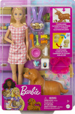 Barbie Doll and Accessories Newborn Pups Playset with Blonde Doll, Mommy Dog