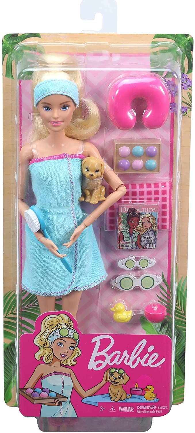 Barbie Spa Doll, Blonde, with Puppy and 9 Accessories, Including Neck Pillow, Rubber Duck and Cucumber Eye Masks