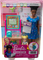 Barbie Teacher Doll (Brunette),Toddler Doll (Blonde), Flip Board, Laptop, Backpack, Toddler Desk, & Pet Turtle