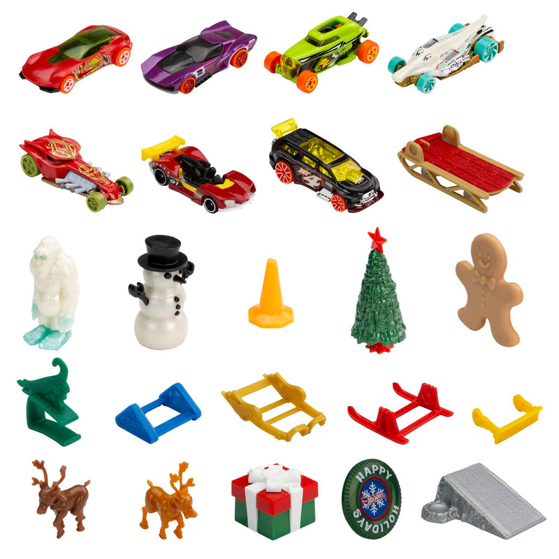 Hot Wheels Advent Calendar, 8 Hot Wheels Holiday-Themed Toy Cars Plus Assorted Accessories with Playmat