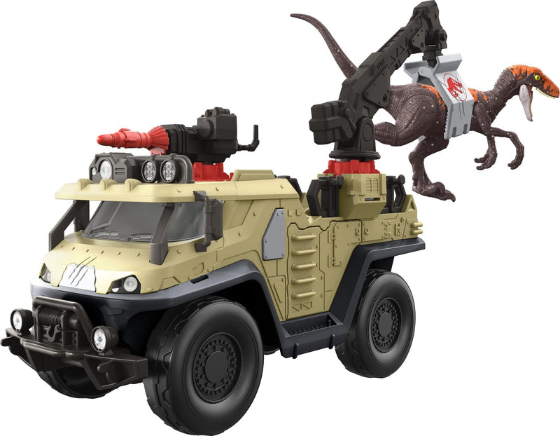 Jurassic World Dominion Capture and Crush Truck with Velociraptor Dinosaur Figure, Toy Vehicle with Tranquilizer, Crane and 2 Breakaways