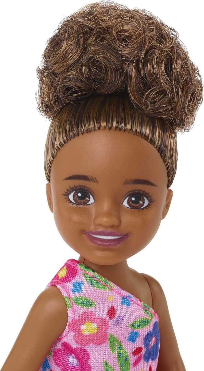 Barbie Chelsea Doll (Brunette Curly Hair) Wearing One-Shoulder Flower-Print Dress and Pink Shoes,