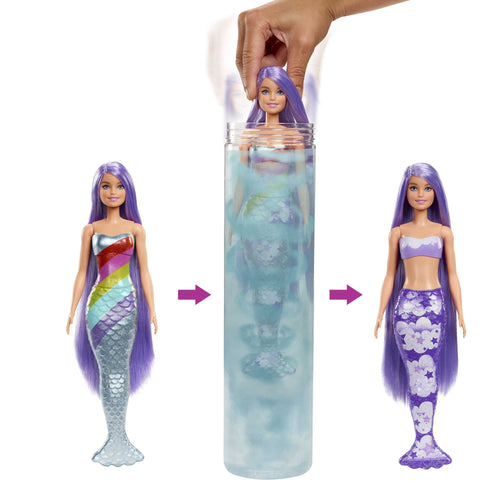 Barbie Color Reveal Mermaid Doll with 7 Unboxing Surprises: Metallic Blue with Rainbows - Water Reveals Full Look & Color Change - Styles May Vary