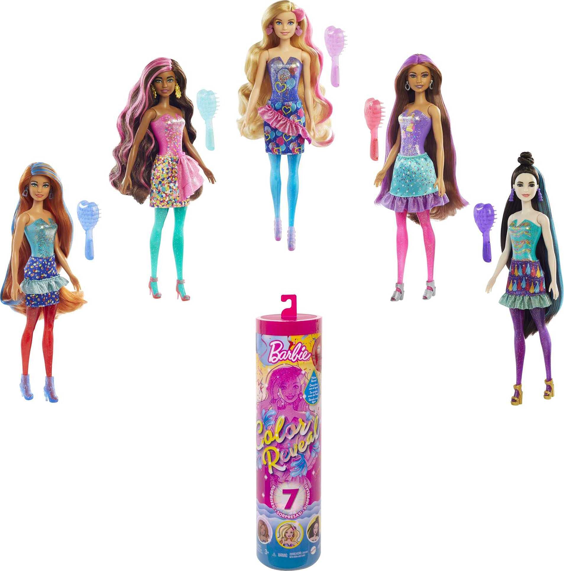 Barbie Color Reveal Doll with 7 Surprises: Water Reveals Doll's Look &  Creates Color Change on Face & Sculpted Hair; 4 Mystery Bags Contain  Surprise