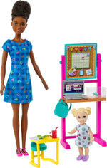 Barbie Teacher Doll (Brunette),Toddler Doll (Blonde), Flip Board, Laptop, Backpack, Toddler Desk, & Pet Turtle