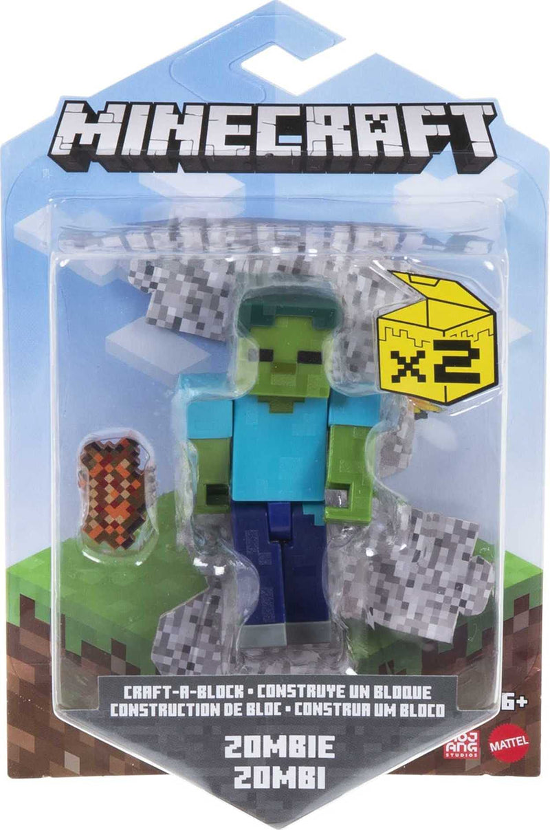 MINECRAFT Craft-A-Block Zombie Figure, Authentic Pixelated Video-Game Characters, Action Toy to Create, Explore and Survive, Collectible Gift for Fans Age 6 Years and Up