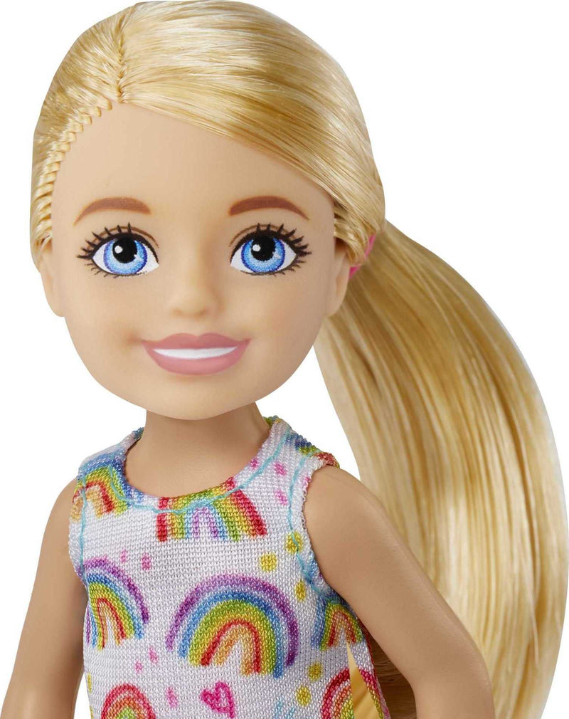 Barbie Chelsea Doll (Blonde) Wearing Rainbow-Print Dress and Yellow Shoes