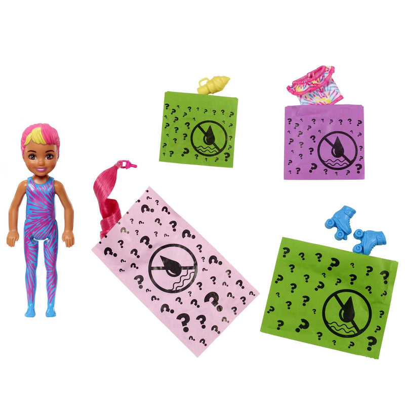 Barbie Color Reveal Chelsea Doll with 6 Surprises, Color Change and Accessories, Neon Tie-Dye Series