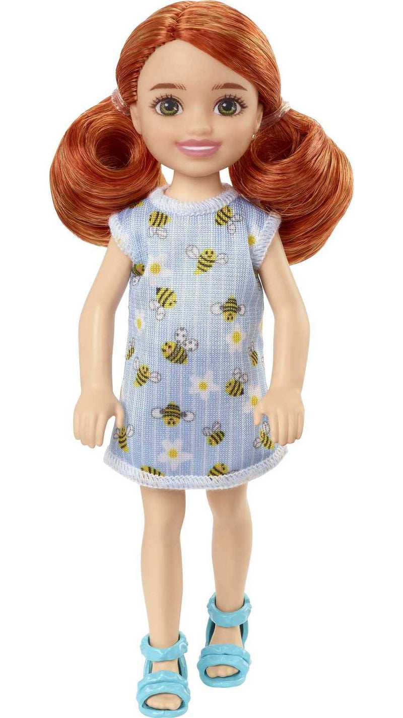 Barbie Chelsea Doll (Red Hair) Wearing Bumblebee & Flower-Print Dress and Blue Sandals