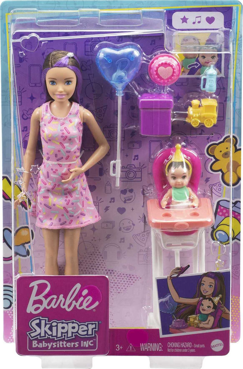 Barbie Skipper Babysitters Inc. Dolls & Playset with Babysitting Doll, Color-Change Baby Doll, High Chair & Party-Themed Accessories for Kids 3 to 7 Years Old