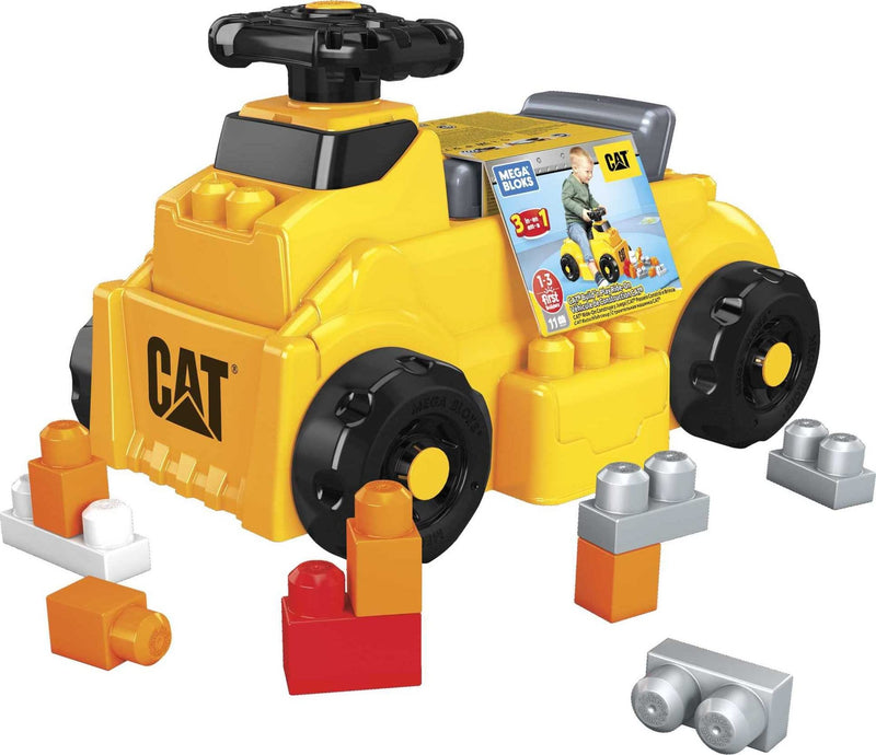 Mega Bloks CAT Build 'n Play Ride-On Building Set, 10 Big Building Blocks and 1 Ride-one Vehicle with Free-Spinning Steering Wheel and 4 Building Surfaces