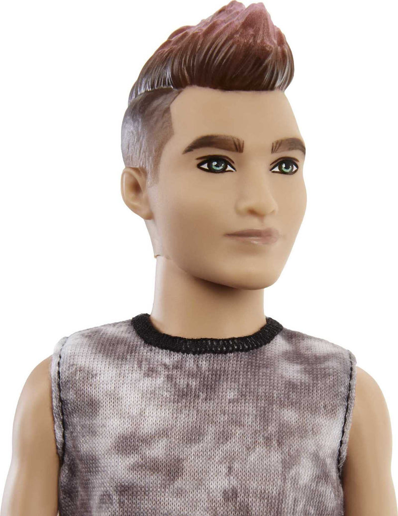Barbie Ken Fashionistas Doll #176 with Sculpted Brunette Ombre-Tipped Hair Wearing a Sleeveless Tie-dye Shirt, Red Plaid Pants & Black Boots