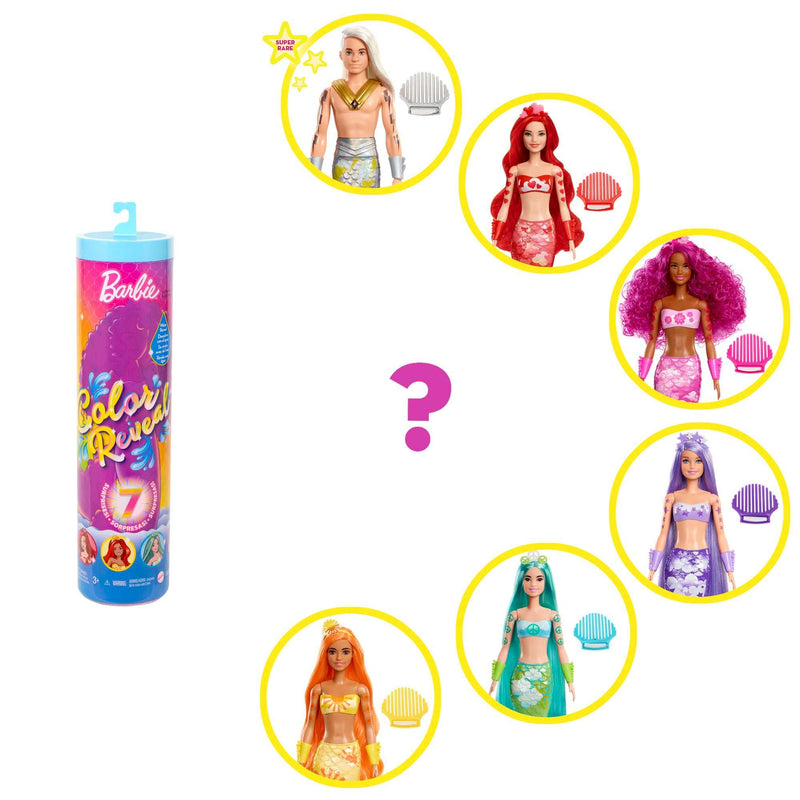 Barbie Color Reveal Mermaid Doll with 7 Unboxing Surprises: Metallic Blue with Rainbows - Water Reveals Full Look & Color Change - Styles May Vary