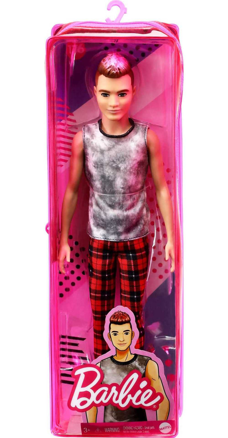 Barbie Ken Fashionistas Doll #176 with Sculpted Brunette Ombre-Tipped Hair Wearing a Sleeveless Tie-dye Shirt, Red Plaid Pants & Black Boots
