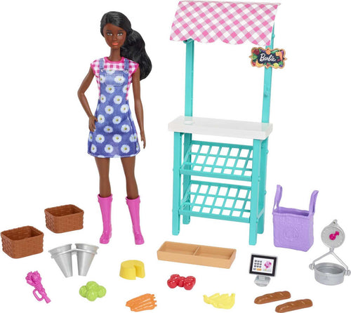 Barbie Farmers Market Playset, Doll (Brunette), Stand, Register, Vegetables, Bread, Cheese & Flowers