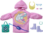 Barbie Clothing & Accessories Inspired by Jurassic World with 9 Storytelling Pieces Dolls: Sweatshirt Dress with Dinosaur Graphic, Purple Boots, Fanny Pack, Heart-Shaped Sunglasses, & More