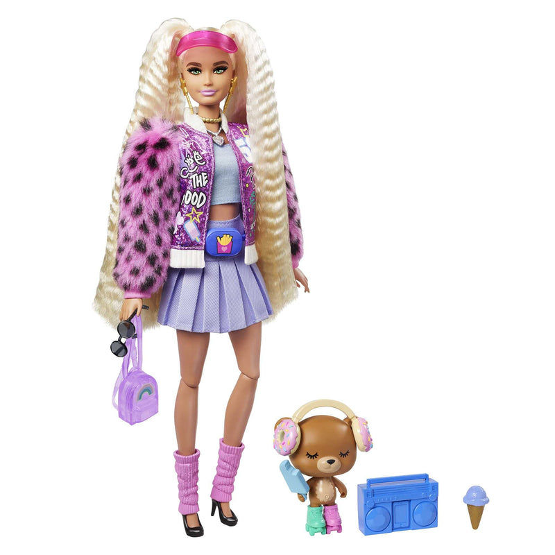 Barbie Extra Doll #8 in Pink Sparkly Varsity Jacket with Furry Arms & Pet Teddy Bear, Extra-Long Crimped Pigtails, Layered Outfit & Accessories