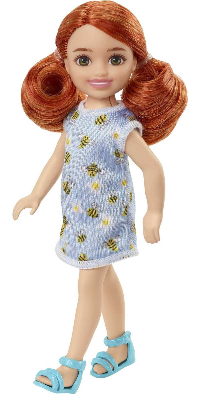 Barbie Chelsea Doll (Red Hair) Wearing Bumblebee & Flower-Print Dress and Blue Sandals