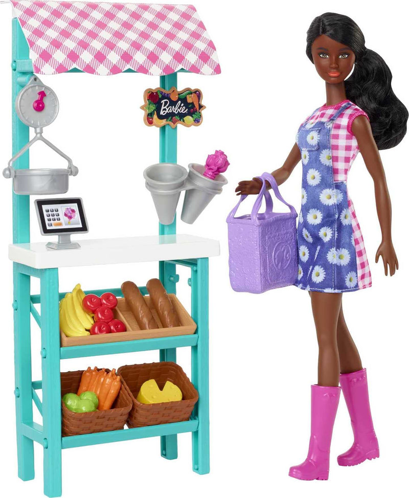 Barbie Farmers Market Playset, Doll (Brunette), Stand, Register, Vegetables, Bread, Cheese & Flowers