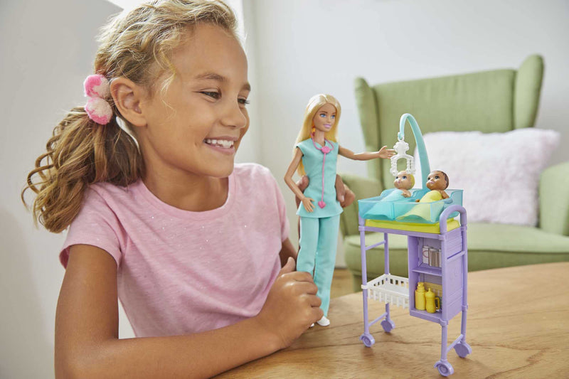Barbie Baby Doctor Playset with Blonde Doll, 2 Infant Dolls, Exam Table and Accessories, Stethoscope, Chart and Mobile