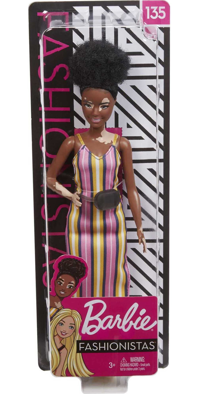 Barbie Fashionistas Doll #135 with Vitiligo and Curly Brunette Hair Wearing Striped Dress and Accessories