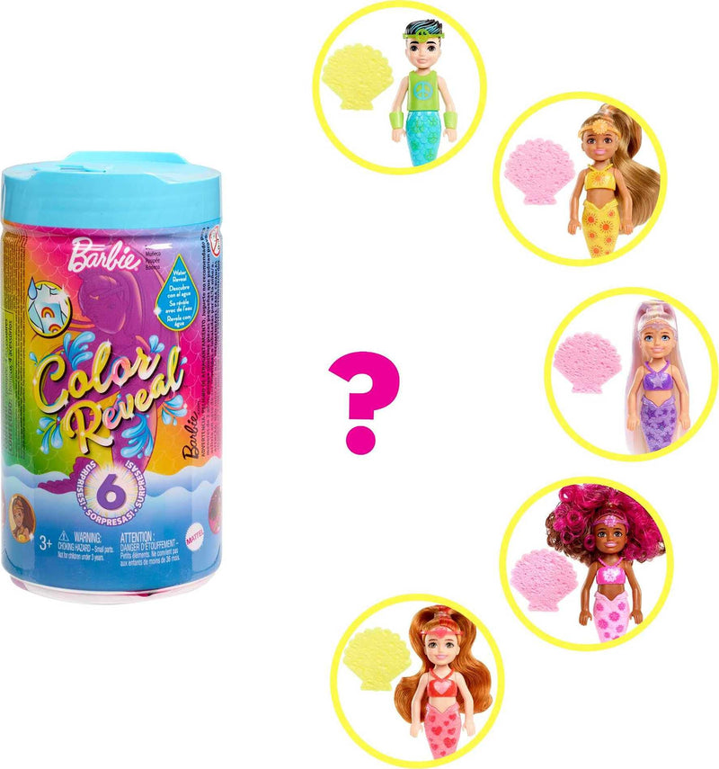 Barbie Chelsea Color Reveal Doll w/6 Surprises: 4 Bags Contain Skirt or Pants, Shoes, Tiara & Balloon Accs; Water Reveals Confetti-Print Doll’s Look & Hair Color Change; Party Series- Styles May Vary