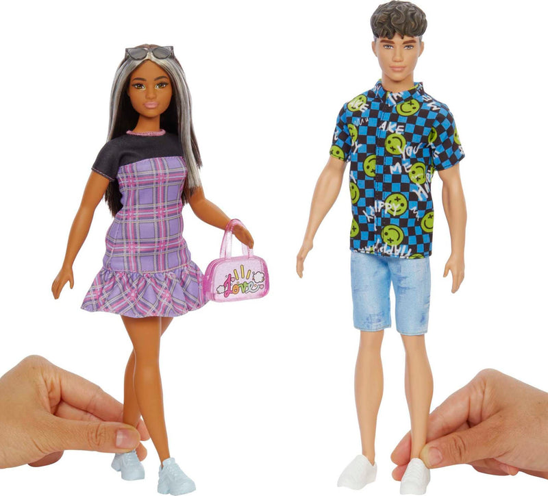 Barbie Ken Fashions 2-Pack Clothing Set, 1 Outfit & Accessory for Barbie Doll: Plaid Dress & Purse, 1 Outfit & Accessory for Ken Doll: Smiley Face Dress Shirt & Denim Shorts